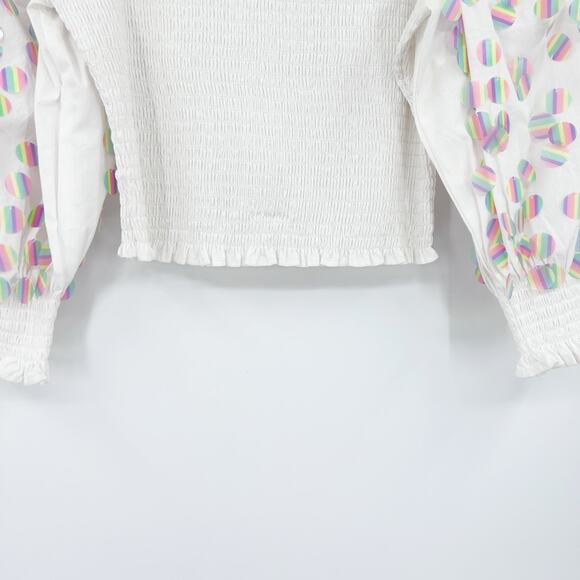 Queen of Sparkles White Smocked Top Iridescent Sequin Polka Dot Womens Size XS - Picture 5 of 14